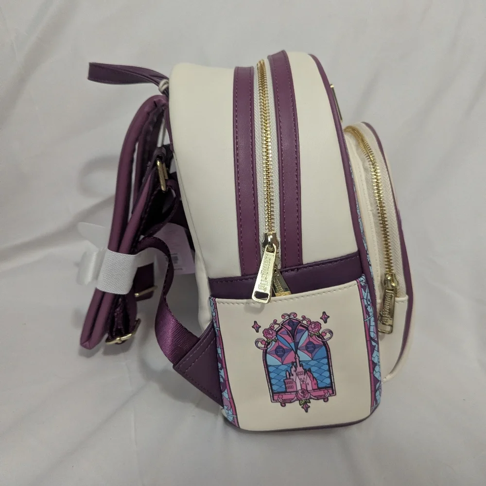 Disney Belle Loungefly Backpack with Stained Glass Background